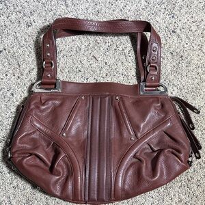 B. Makowsky Brown Pebbled Leather Shoulder Bag w Silver-Toned Hardware